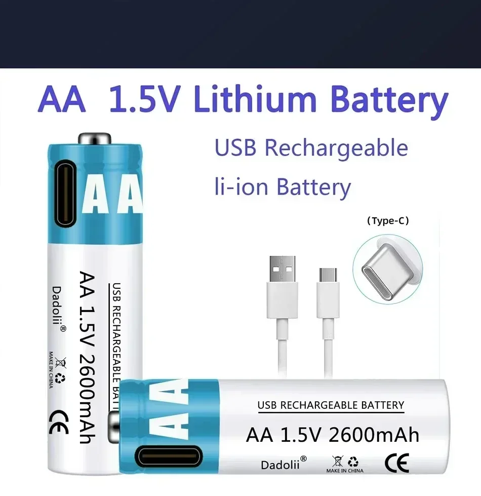 AA Battery USB1.5V AA 2600mAh USB rechargeable li-ion battery for remote control mouse small fan Electric toy battery + Cable