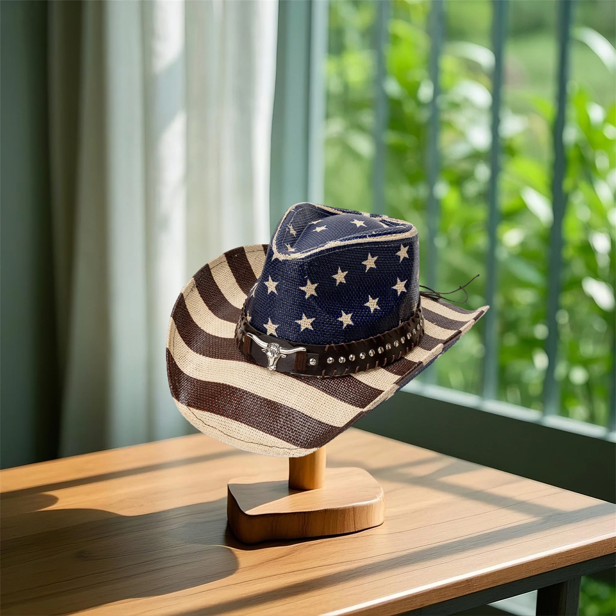 미국 국기 카우보이 모자 (남녀공용) 애국적인 서양식 챙 넓은 모자, 황소 머리띠 포함, 7월 4일 파티에 적합