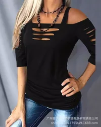 Womens T-Shirts 2023 Square Neck Cut Out Sexy Shirts for Women Fashion Half Sleeve Womens Top