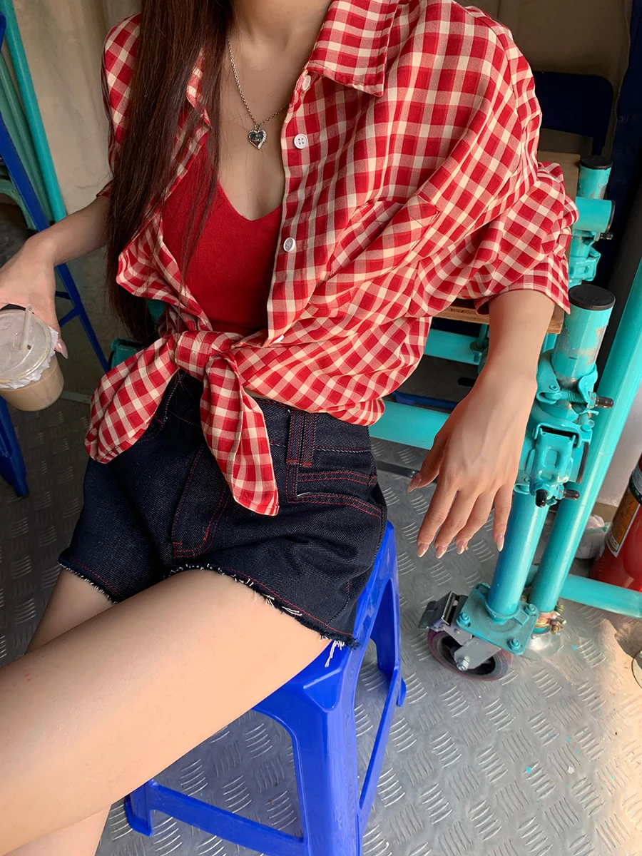 قميص نسائي أحمر منقوش صيفي جديد أنيق راقي خفيف الوزن مضاد للشيخوخة بأكمام طويلة فضفاض مريح مصنوع من مزيج البوليستر والقطن #4