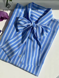 BirdTree, 17MM 100%Real Silk Elegant Shirt, Women Long Sleeve Striped, French Bow OL Commute Blouse, 2024 Summer New T455128QC