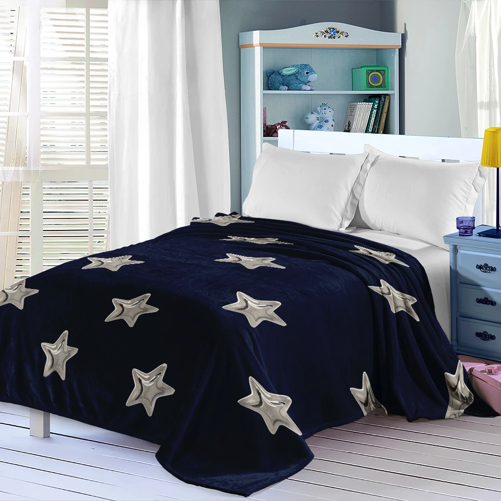 Navy Silver 3D Stars Flannel Blanket Perfect For Sofa Office Bed Travel Sleep Read Relax Camping Four Season Use