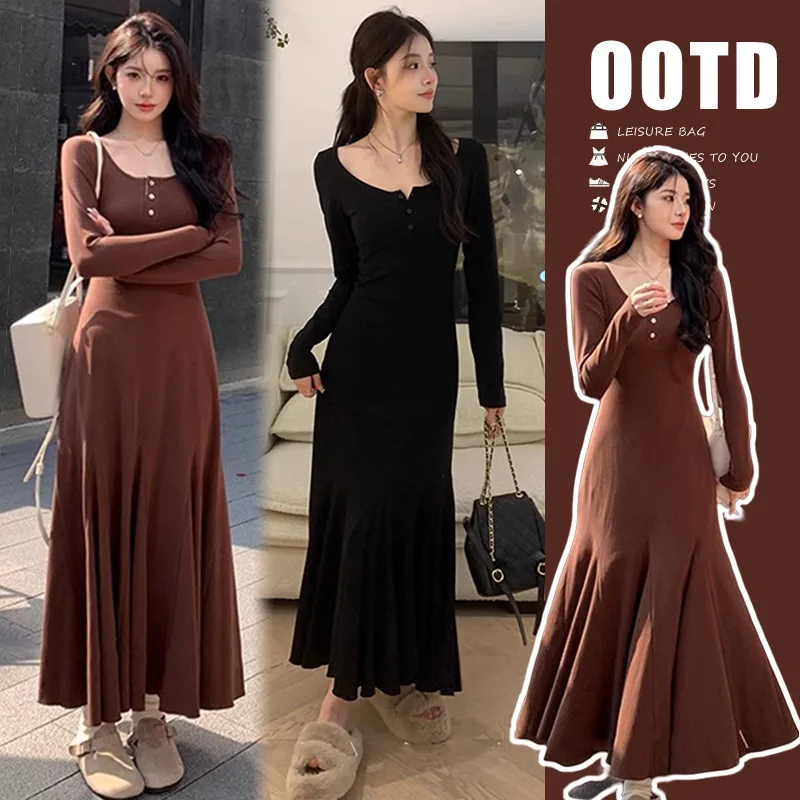 

2025 Elegant Audrey Inspired Pregnancy Dress Autumn Black A Line Mermaid Maxi Dress Slim Fit Sophisticated Chic Maternity Wear