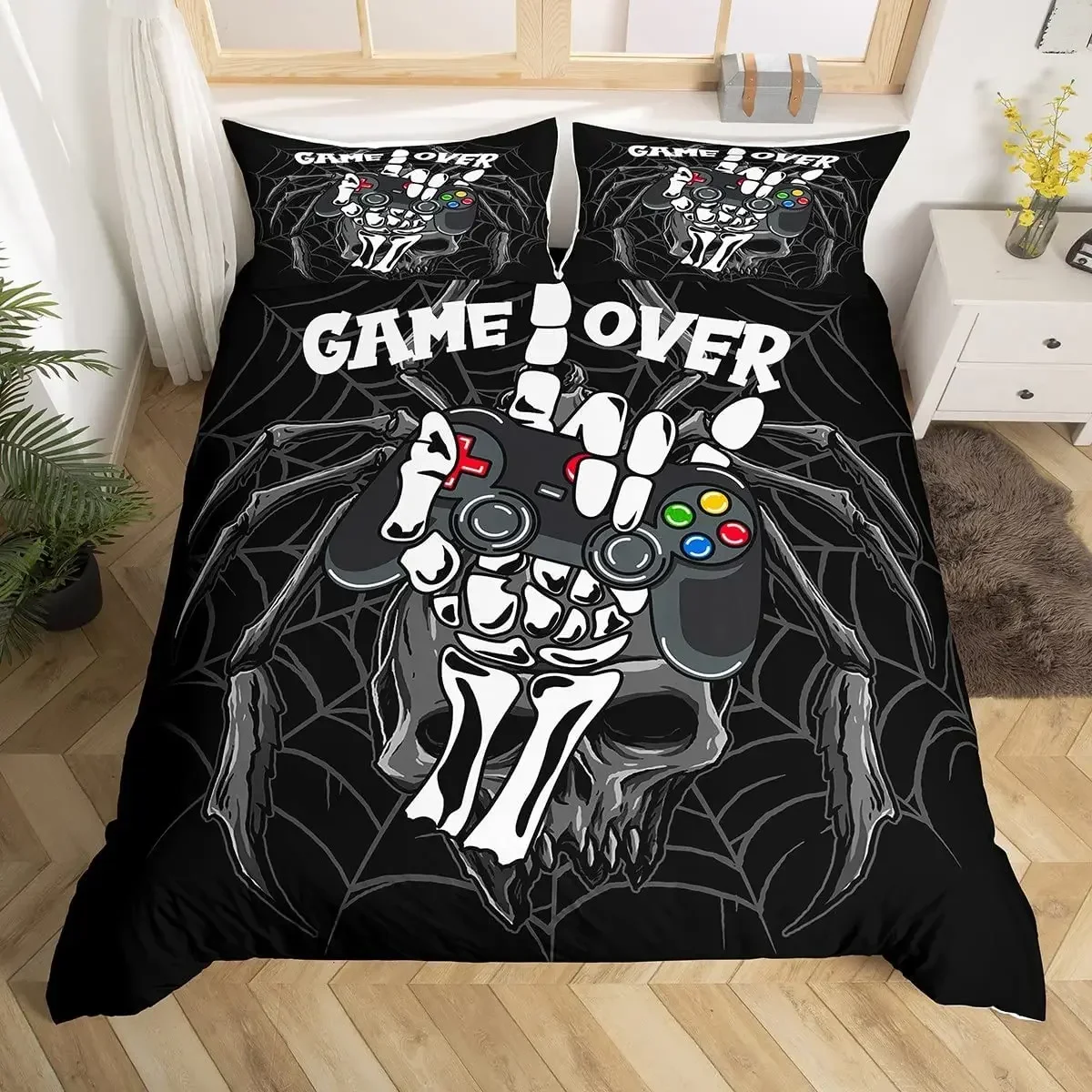 Gaming Comforter Cover Sugar Skull Gamer Bedding Set Spider Web Halloween Duvet Cover Sets,Hand Skeleton Gamepad Quilt Cover