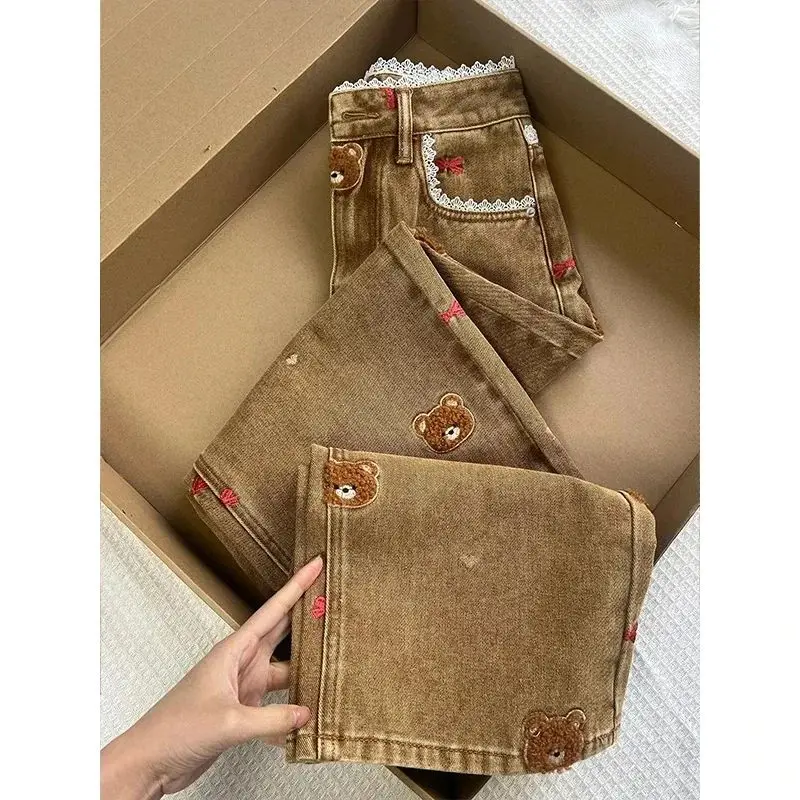 

Lace Embroidered Patchwork Wide Leg Jeans Durable Non-Shrinkage Unisex Nylon Fiber Drawstring Waist Summer 2015 Collection