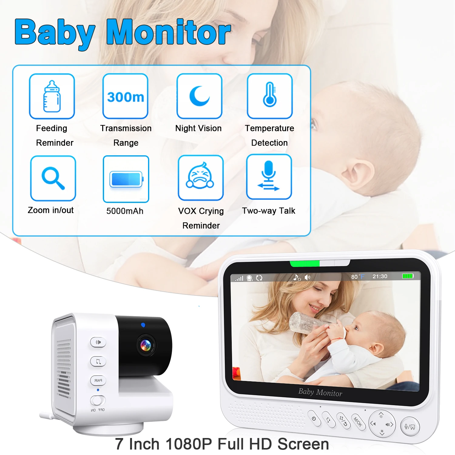 ABM790 7 Inch 1080P Video Baby Monitor No WiFi No APP FHSS Private Transmission PTZ Camera Night Vision VOX Cry Alert  5000mAh