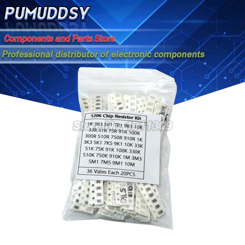 

36Value*20PCS =720PCS 1206 SMD Resistor Kit 1/4W 0.25W 5% 1 ohm~10 Mohm component diy kit new and
