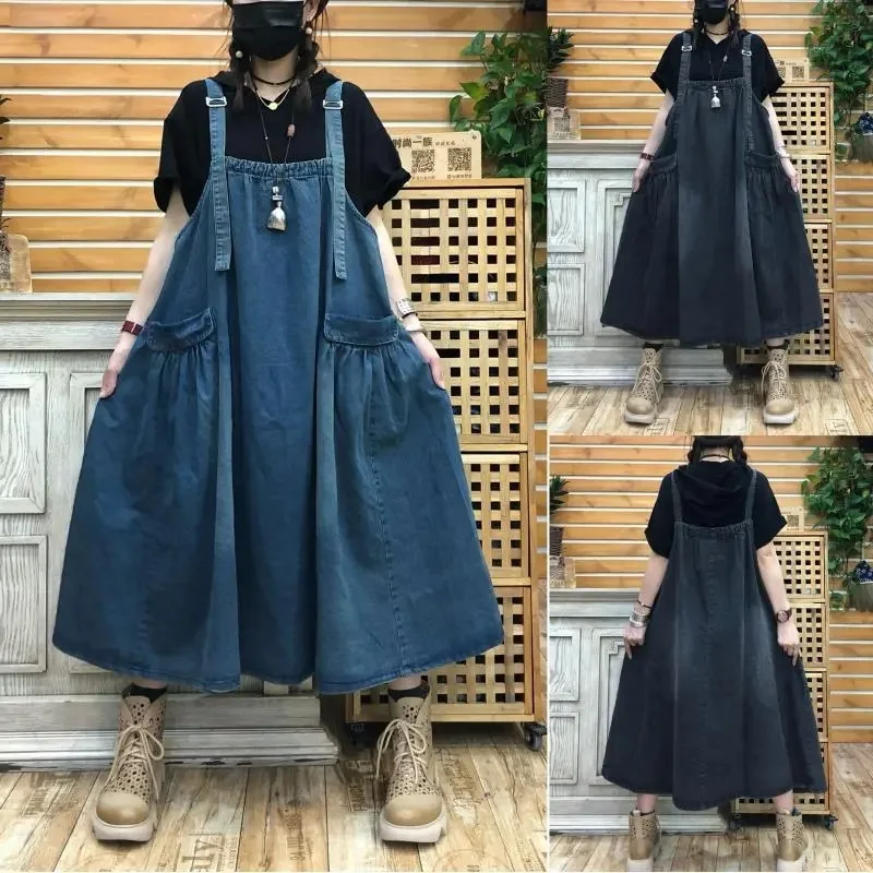 

Женское джинсовое платье-комбинезон 2026 года, новинка, повседневное, свободное, без рукавов, на бретелях, длинное, расклешенное, для весны и лета