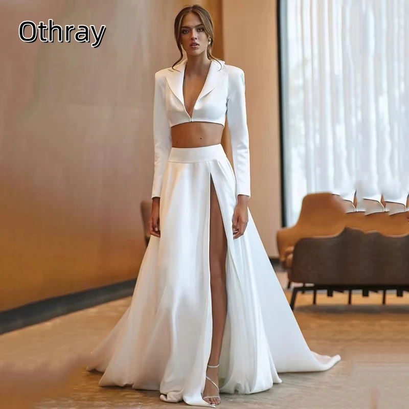 Othray Satin-Spitzen-Abendkleid, langärmelig, 2-teilig, hoher Schlitz, A-Linie, Abschlussballkleidung, Saudi-Arabien, sexy V-Ausschnitt, rückenfreies Partykleid