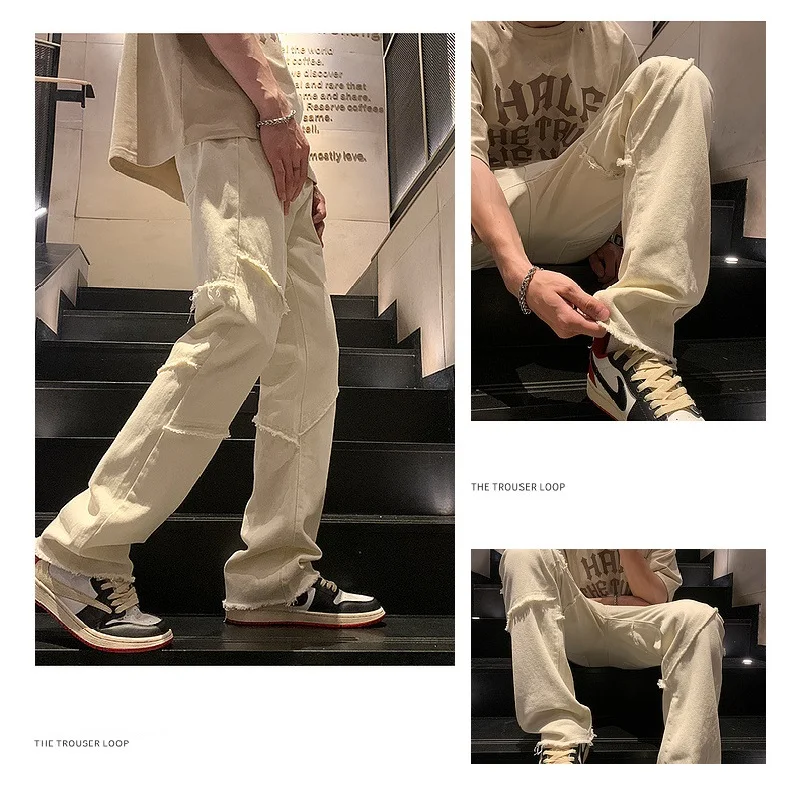 American Style White Micro-Cropped Jeans Men Instagram Goth Fashion Trend High Street Retro Collage Slim Straight Casual Pants