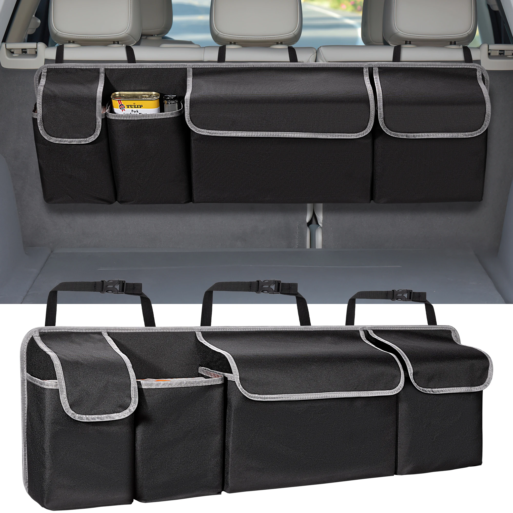 Carro Tronco Organizador De Suspensão, Back Seat Sacos De Armazenamento, Organizador do banco traseiro para SUV Truck MPV Upgrade, 4 Bolsos, 39*14"