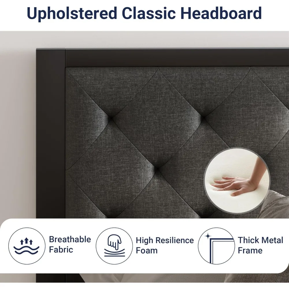 إطار سرير من Allewie King مع لوح رأسي منجد، تصميم معنقدة أنيق مخيط بالألماس، لا حاجة إلى صندوق زنبركي، رمادي داكن