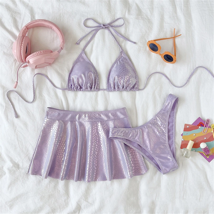 Traje de baño morado claro con faldas, conjunto de Bikini de 3 piezas con cuello Halter y cordón, traje de baño Sexy para mujer, Bikinis, ropa de playa