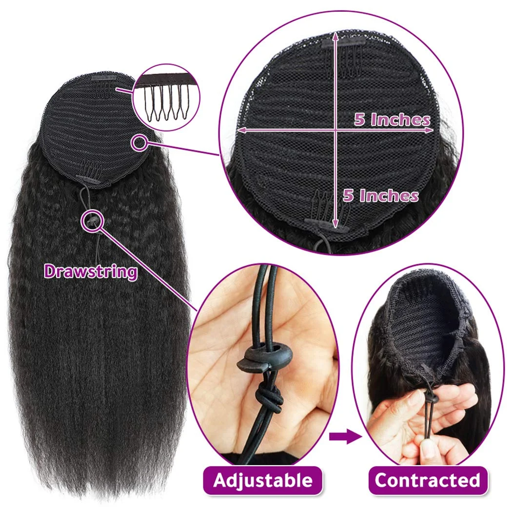 Kinky Straight Ponytail Human Hair Extension 100% Real Hair Wrap Around Drawstring In Ponytail Natural Black 1b 100g For Women