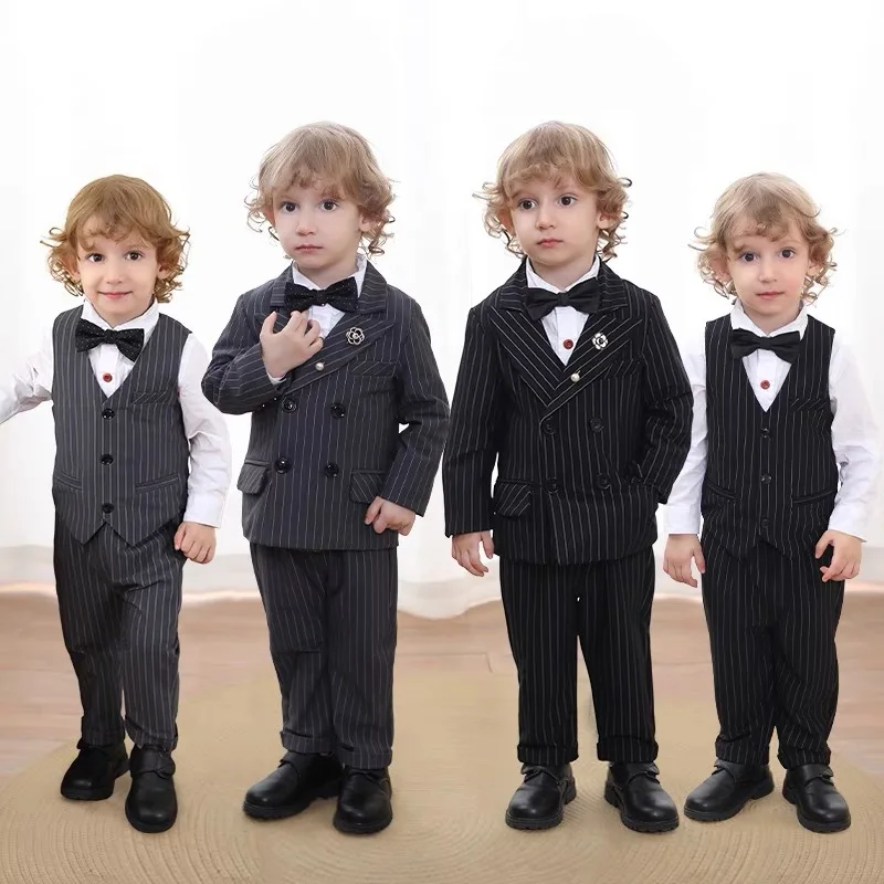 

Children Slim Fit Black Gary Jacket Vest Pants Bowtie 4PCS Photograph Suit Kids Piano Host Performance Dress Boy's Wedding Suit