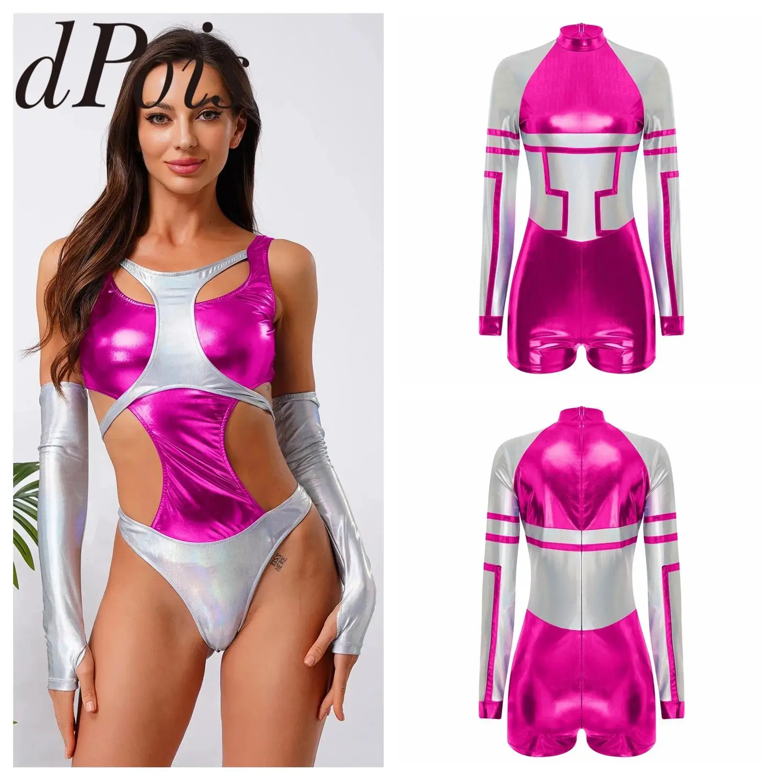 Women's Metallic Alien Costumes Shiny Bodysuit Sleeveless Leotard Jumpsuits Halloween Outer Space Robot Party Swimwear