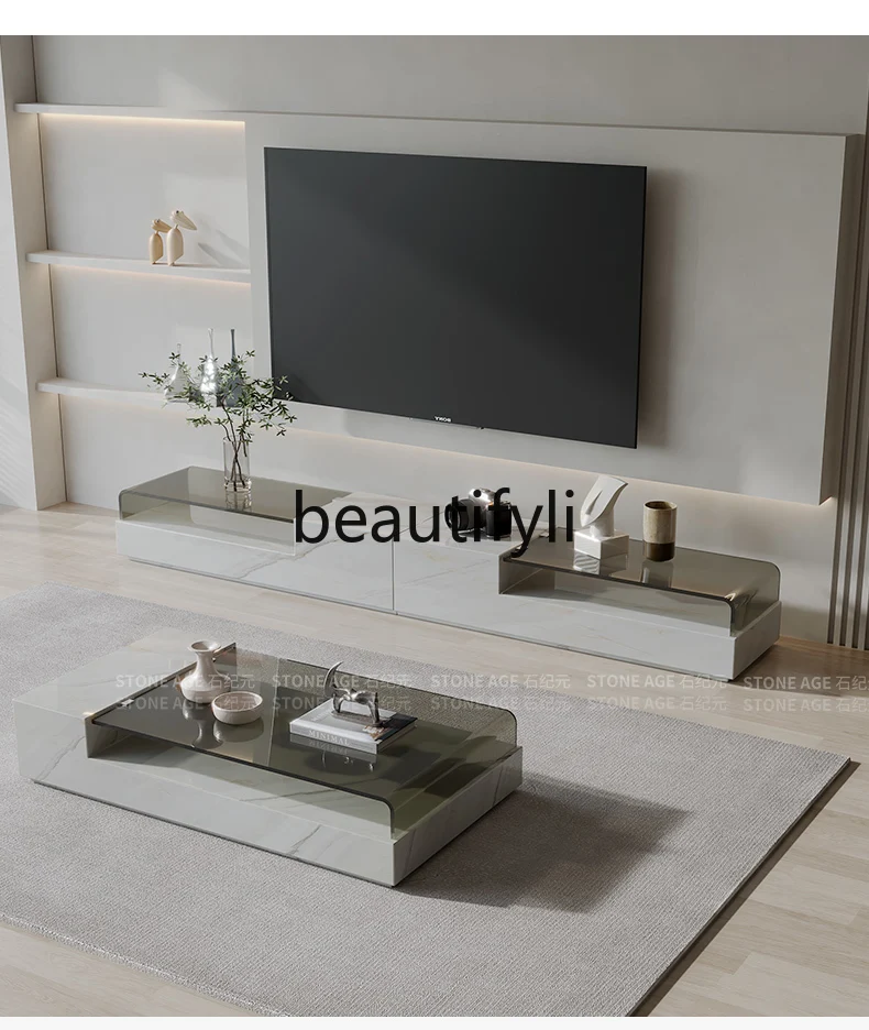 

Natural Marble Small Coffee Table TV Cabinet Combination Glass Wabi-Sabi Style Small Apartment Living Room Coffee Table