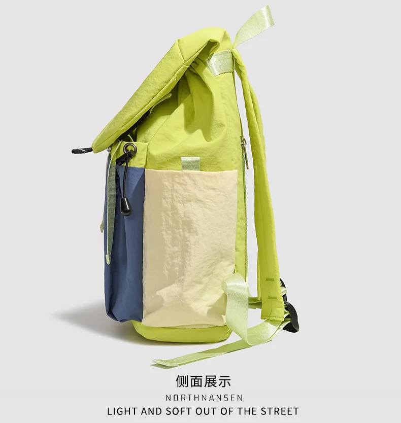 Women Color Block Drawstring Flap Backpack Lightweight Nylon Large Capacity School Backpack Casual Student Travel Outdoor Bag