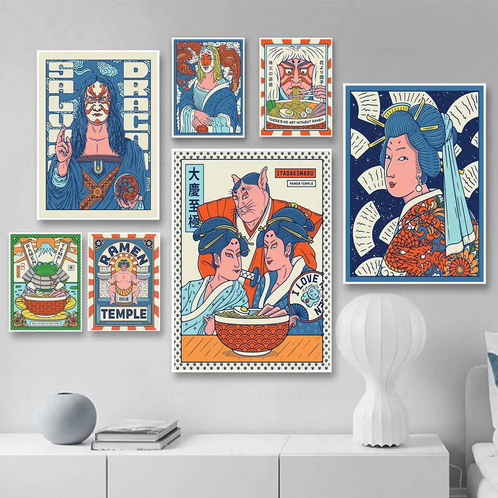 Póster de Dibujos Animados de Ramen Samurai Geisha Kabuki de Japón, Pintura en Lienzo de Cultura, Arte de Pared de Comida Japonesa, Impresiones para Cocina, Decoración del Hogar