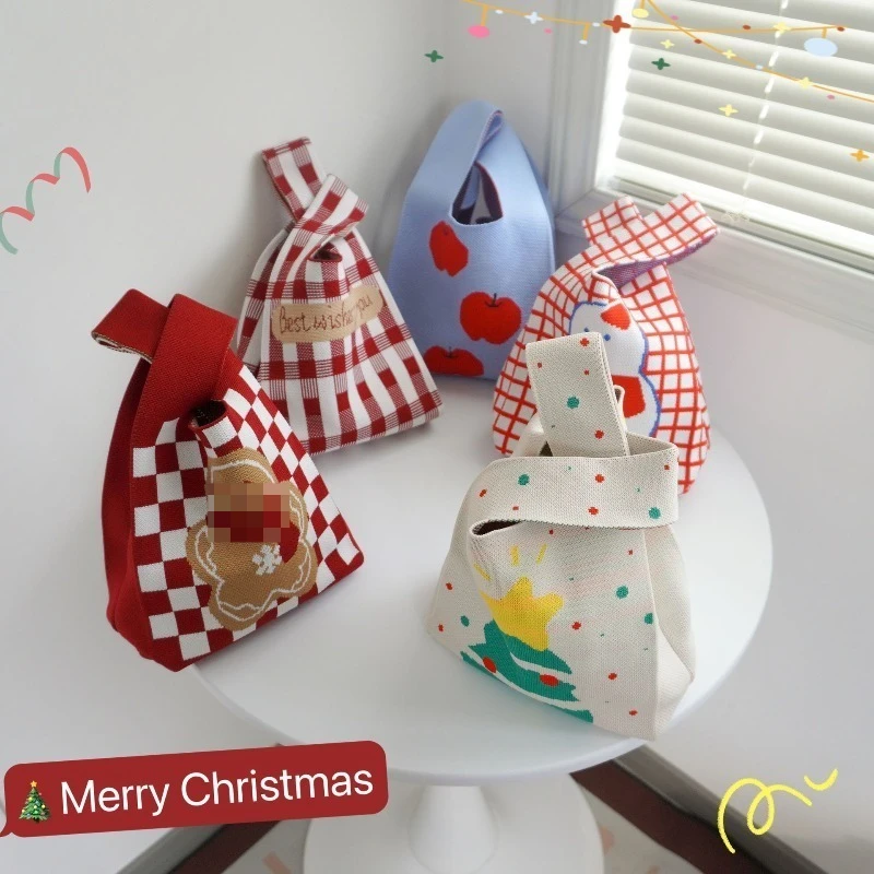 

Рождественские сумки Фестивальная большая сумка Большая вместительная вязаная подарочная сумка с узором Санта-Клауса и дерева для праздничного подарка Новый год 2025