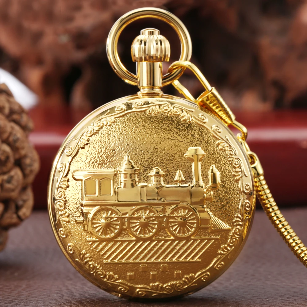 Relief Train Pattern Golden Pocket Watch Automatic Mechanical Wingding Arabic Numeral Dial  Pendant Pocket Watches Thick Chain