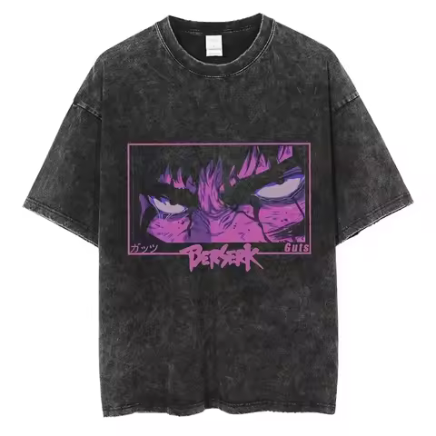 Summer Berserk Printed T-shirt Men's Casual Vintage Wash T-shirt Anime Visceral Graphic T-shirt Hip Hop Street T-shirt