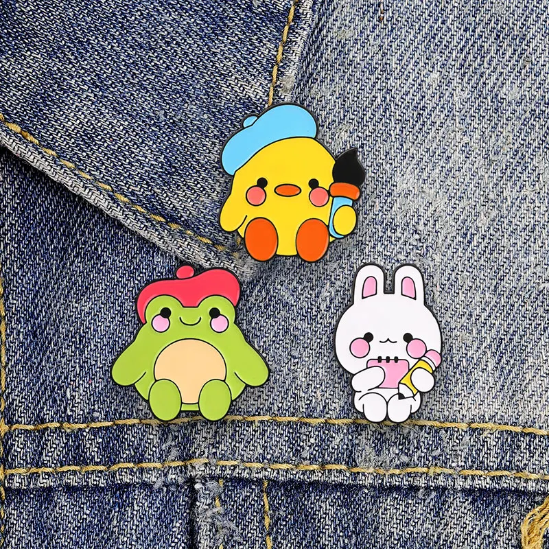 Cute Artist Animal Enamel Badges Set Painter Duck Rabbit Frog Lapel Badge Cartoon Creature Brooch For Clothing Backpack Decor