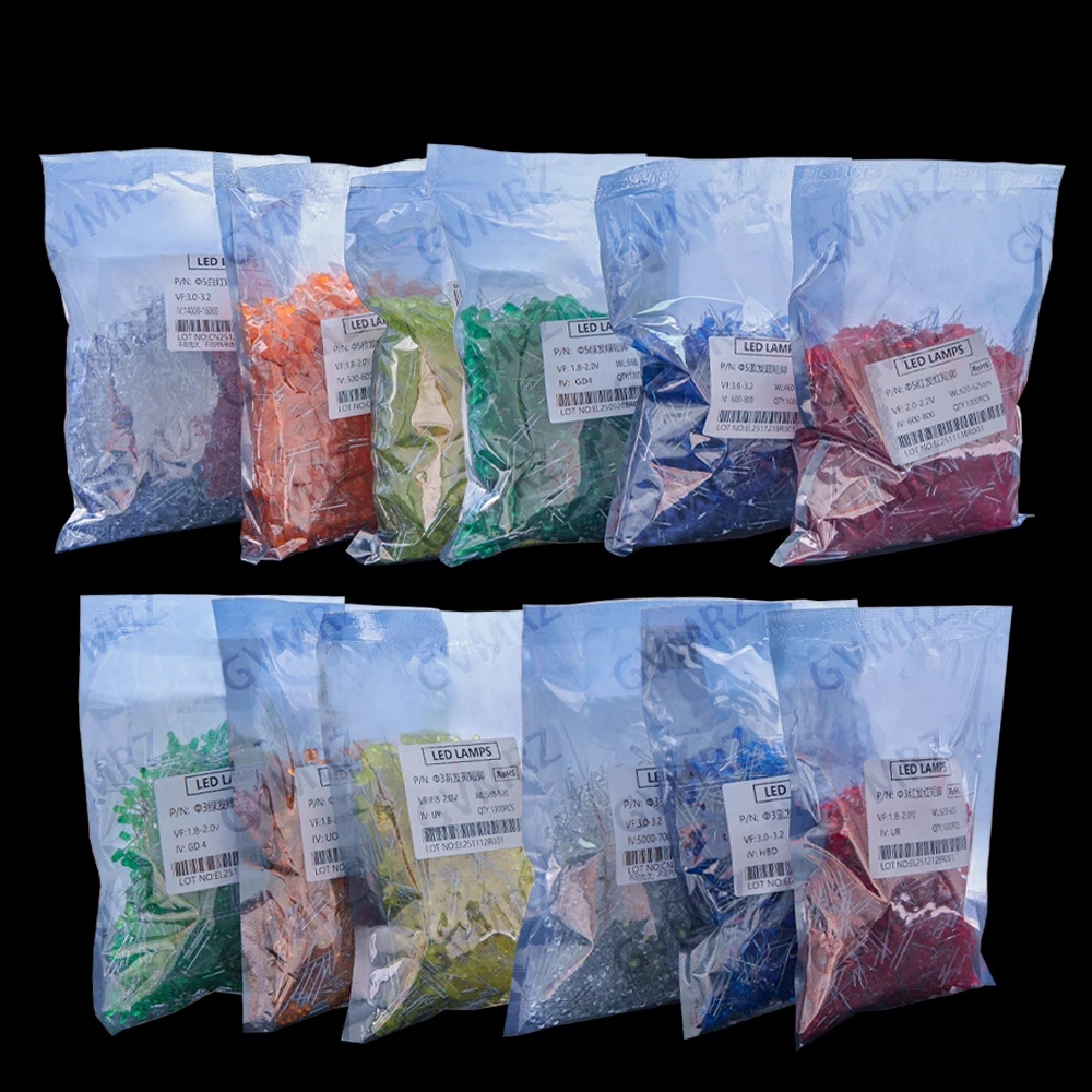 1000PCS 3mm 5mm LED Diode Indicator Assorted Colors Round & Straw Hat Short Lead Electronic Component 3mm 5mm