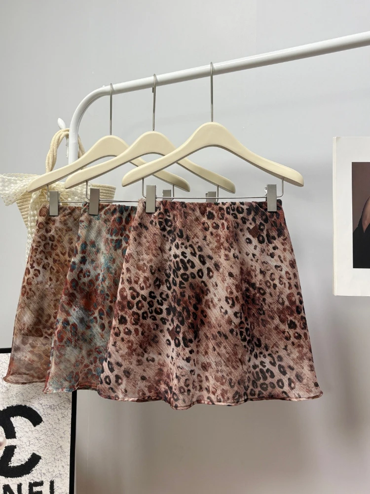 2026 Summer French Retro Gold Thread Chiffon Women Skirt For Daily Party Wear Leopard Print Fashion A Line Bodycon Mini Skirts