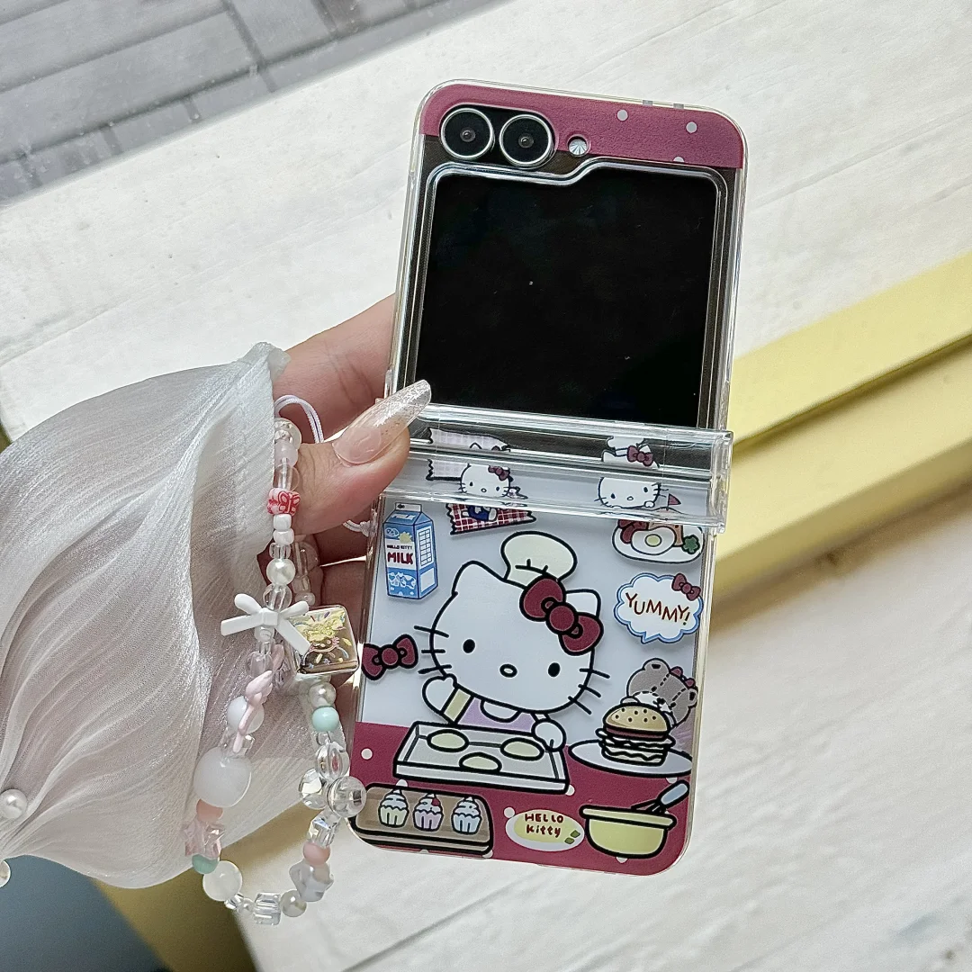 3D 귀여운 만화 헬로키티 비치 섹시 폰 케이스 삼성 갤럭시 Z 플립 7 FE 6 5 4 3 커버 (끈 및 홀더 포함)