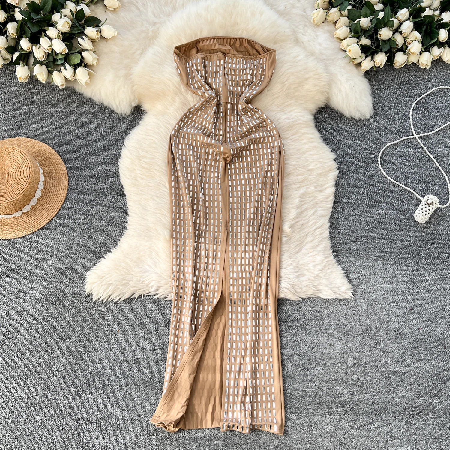 Elegant Sleeveless Vintage Strapless Chic Rhinestone Slim Split Long Dress Ball Evening Party High Street Autumn Winter Clothing
