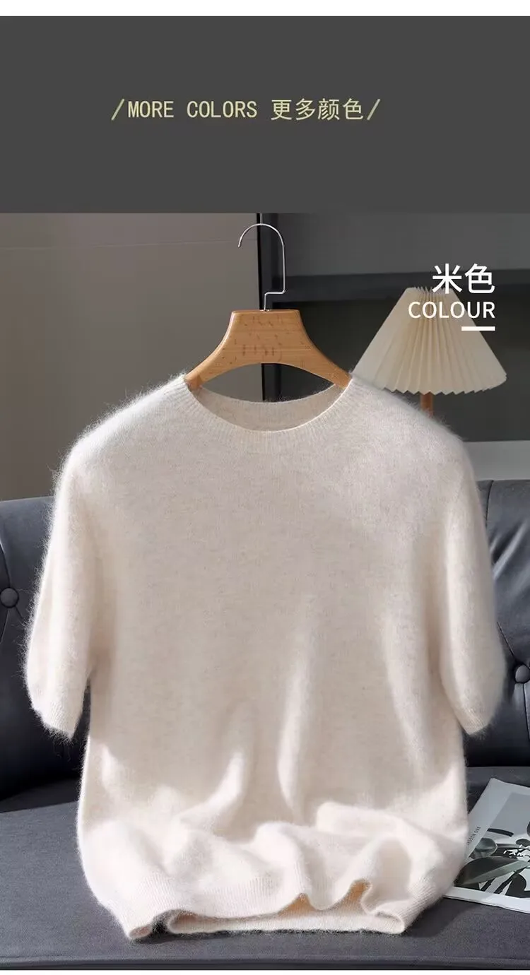 Herrenpullover, kurzärmelig, Sommer-Nerzstrickpullover, lockerer Rundhalsausschnitt, einfarbig, halbe Ärmel, einfaches T-Shirt, lässiges Oberteil – Detail 7