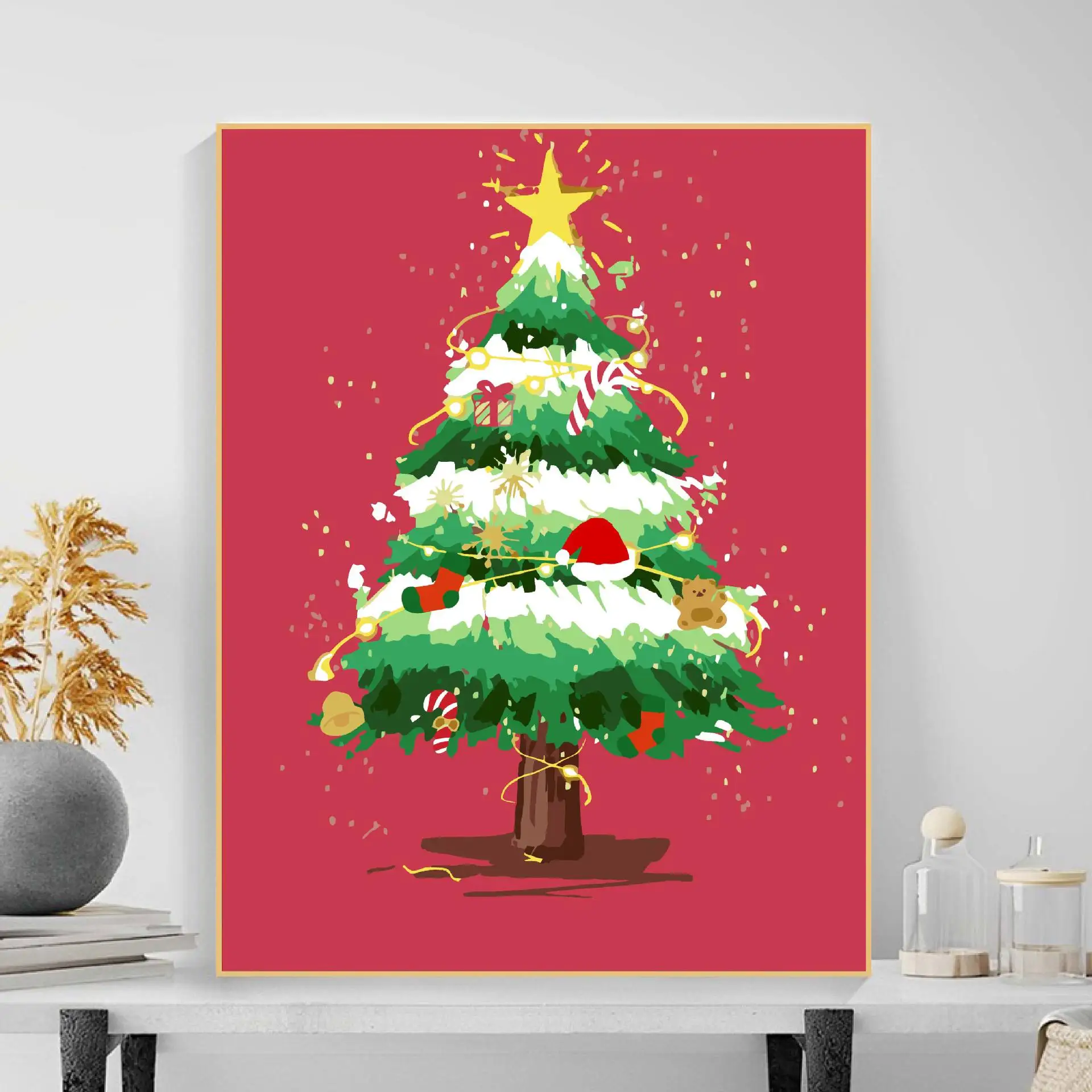 

Hand-Painted Christmas Tree Number Oil Painting DIY Coloring Gift for Birthday Couple Retro Vintage Style with Frame Decoration