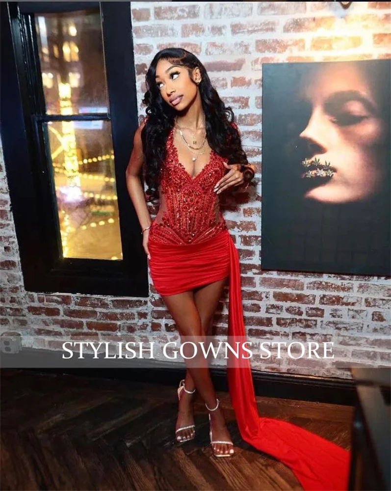Red O Neck Short Prom Dresses For Black Girls Bead Crystal Rhinestone 2024 Birthday Luxury Dress Graduation Gown With Side Train