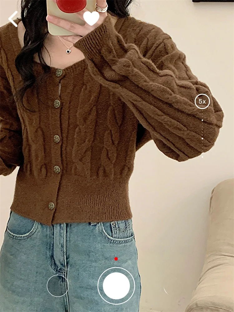 

Handmade Knitted Coffee Colored Square Collar Sweater with Metal Bule Long Sve Regular Thin Autumn Single Piece