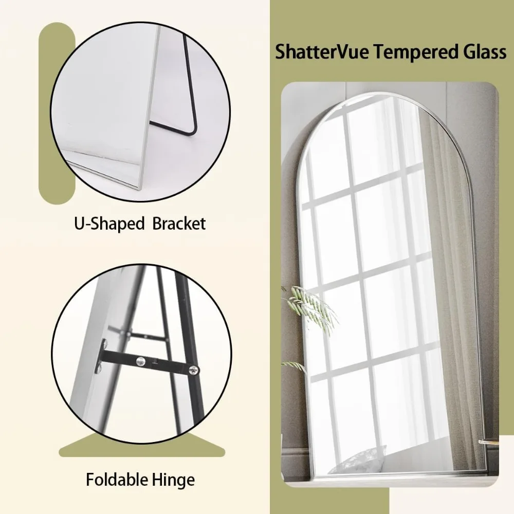 アーチ型トップの全身鏡、スタンド付き、76x34インチ、寝室用、壁掛けまたは置き型、エレガントなアーチデザイン