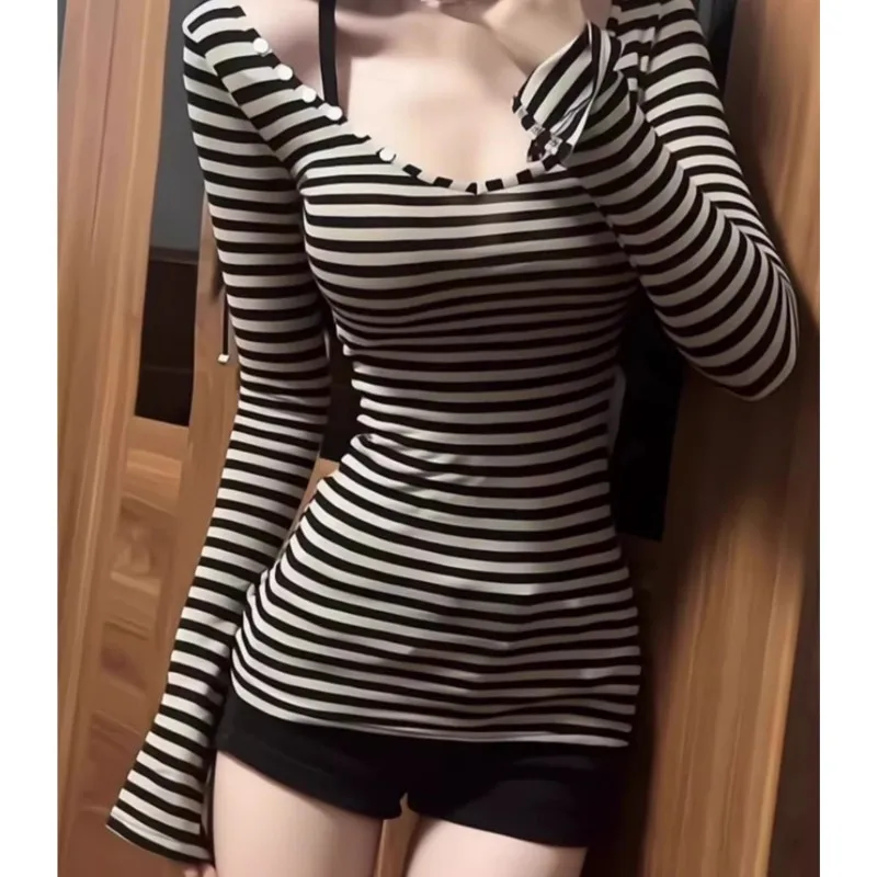 Pure Desire Striped Deep V-neck Flared Sleeve Pure Desire Hot Girl Slimming Form-fitting Long-sleeved T Shirt For Women