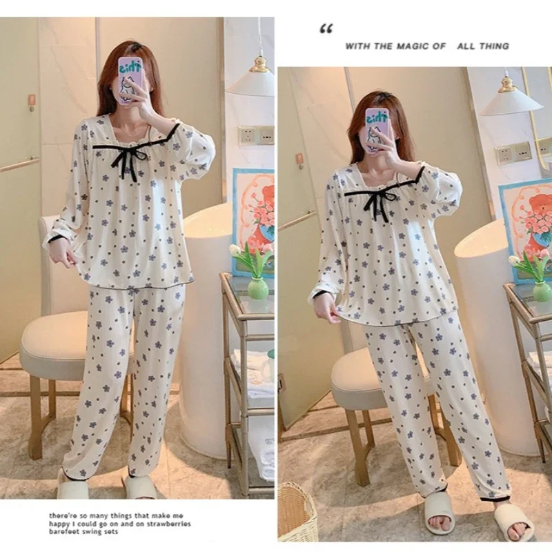 5XL Plus Size Two-piece Set Women Cute Strawberry Square Collar Long Sleeve Sleepwear Autumn Winter Student Style Home Clothes