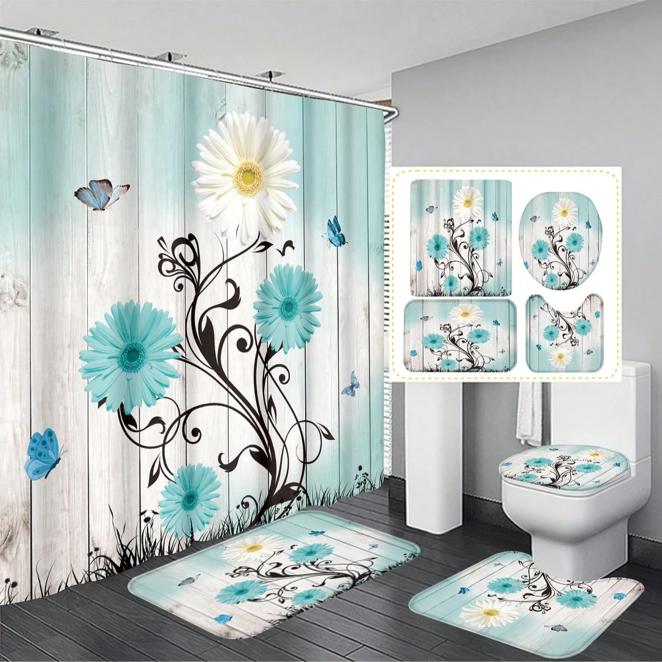

4pcs Green Floral Blue & White Wood Grain Shower Curtain Set, Waterproof Shower Curtain Bathroom Accessories, Bathroom Decor