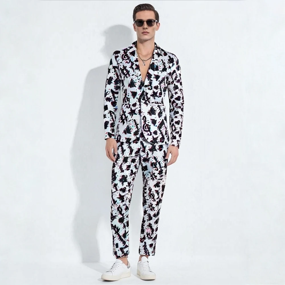 

Trendy Men Suits 2 Piece Blazer Jacket + Pants Music Symbols Printed Slim Fit Man Suit Sets Singer Bar Stage Performance Costume