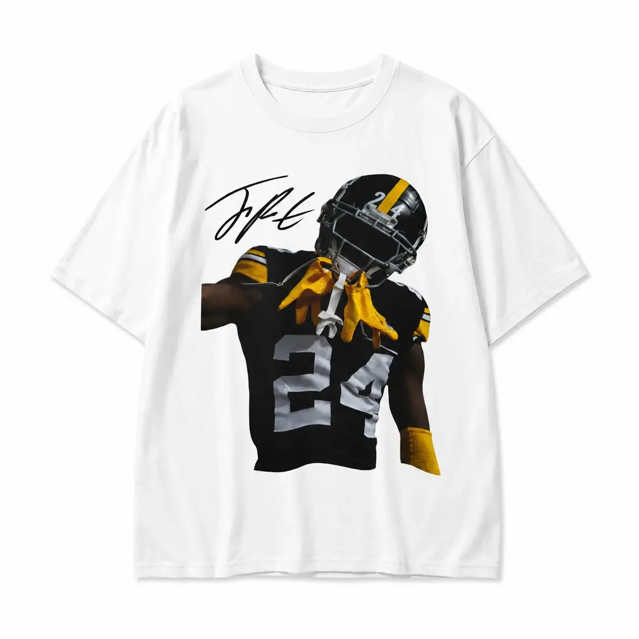 # 24 Black & Yellow Uniform Football Athlete Portrait Signature Graphic T-Shirt, American Football Player Print White Short Sleeve Tee, Football Game Day Fan Gift