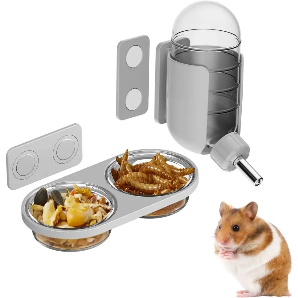 Juego de alimentación con botella de agua recargable y tazón de comida para terrarios de vidrio, adecuado para hámsters sirios enanos, gerbillas, ratones, ratas, degus (G