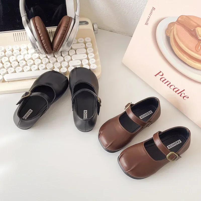 

Girls Leather Shoes Soild Color Simplicity 2025 Spring Autumn Kids Princess Shoes Pleated Ins Trend Girls Flats Round Toes Sweet