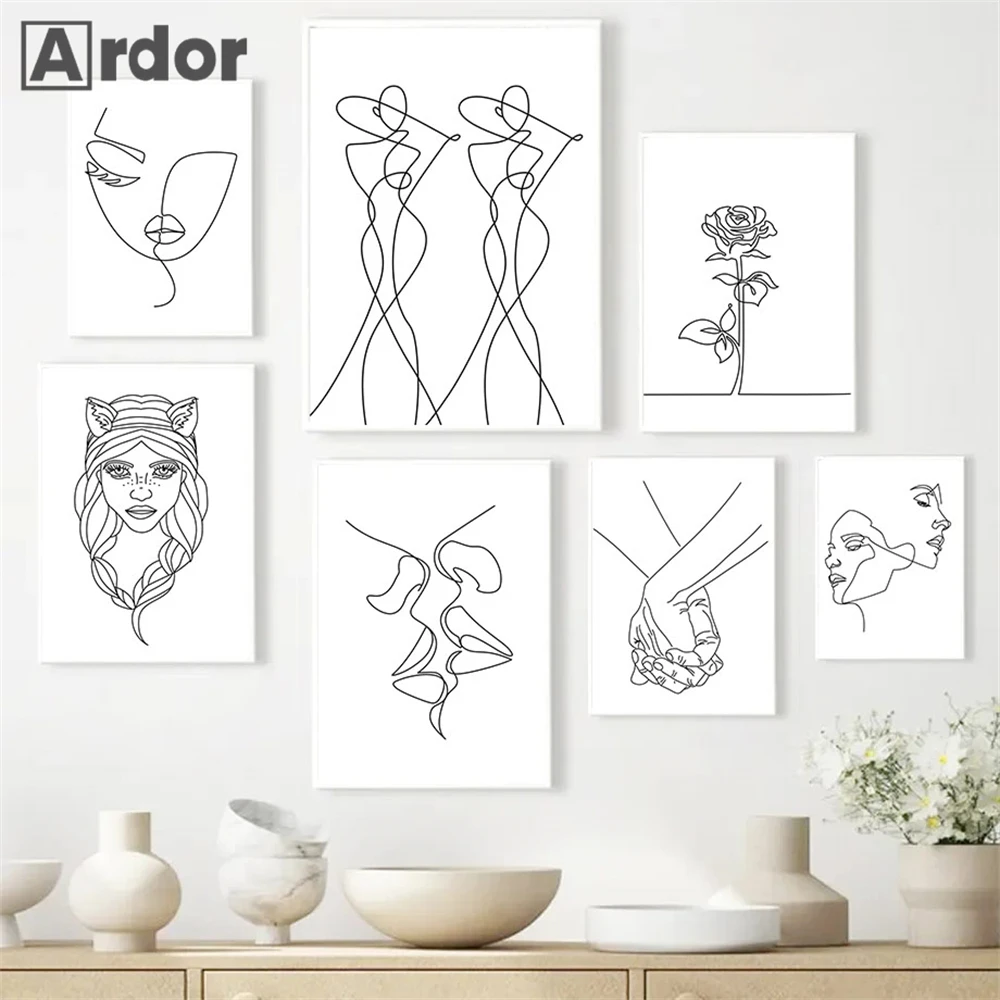 Abstract Line Face Woman Body Posters Wall Art Canvas Painting Couple Kiss Art Prints Modern Wall Pictures Bedroom Home Decor