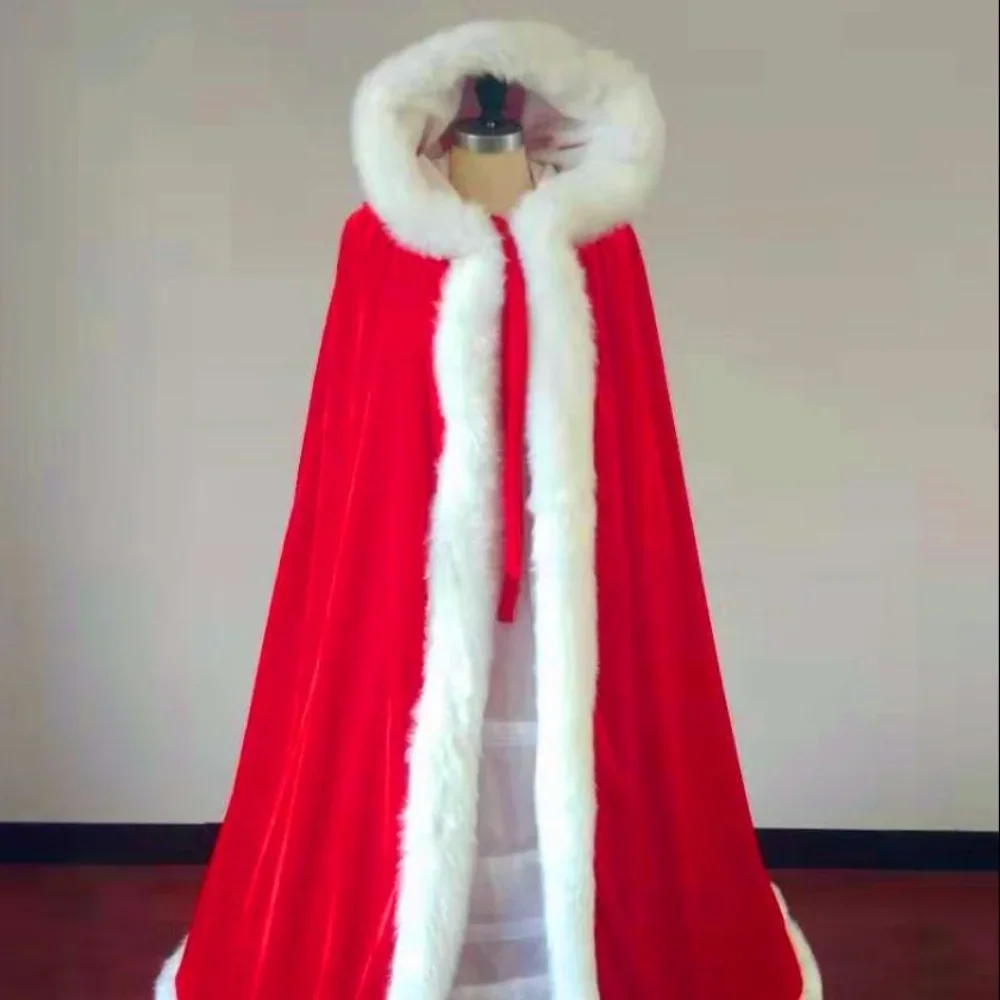 Fleece Wedding Bridal Cape Velvet Warm Long Winter Poncho Womens Fur Trim Wedding Cloak White Red Black Wraps Hood Cape