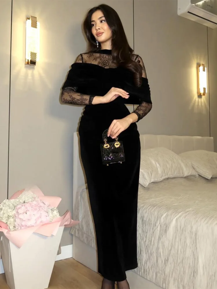 

Женское черное кружевное платье с плиссировкой, элегантное, с длинным рукавом, прозрачное, облегающее, длинное, 2026, для вечеринок, Vestidos