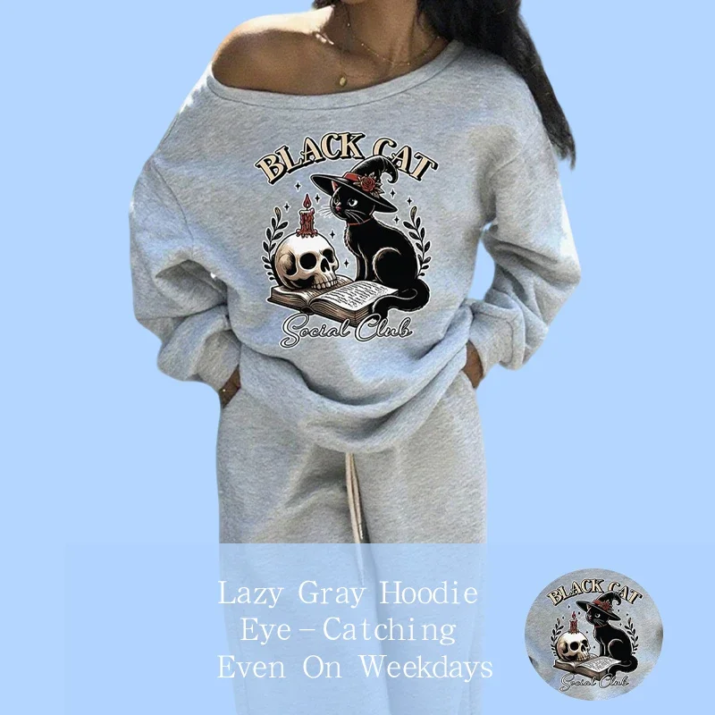 เสื้อฮู้ดแขนยาวแบบใหม่สำหรับผู้หญิงมีดีไซน์ที่หลวมสบาย พร้อมเสื้อเปิดไหล่และกางเกงลำลอง