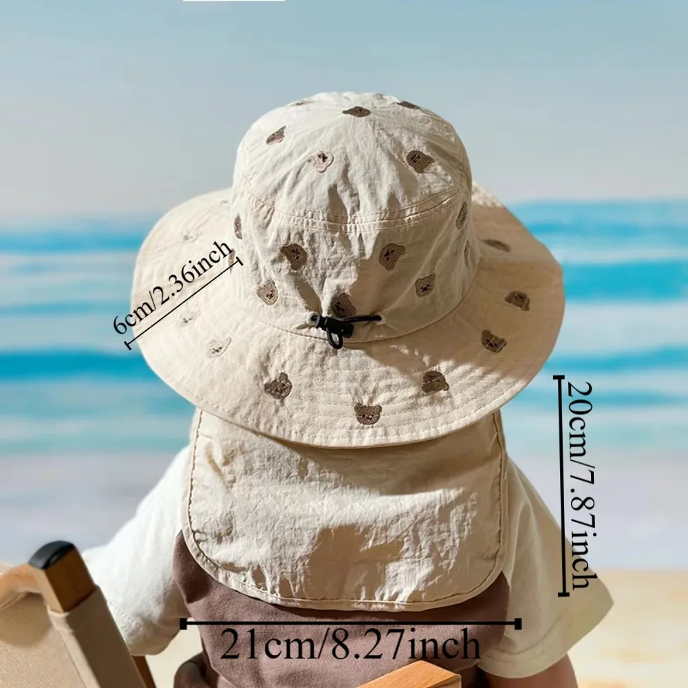 Gorro panamá Kawaii para niños, protección del cuello, bordado de dibujos animados, sombrero de cubo de ala ancha, protector solar, sombrero de pescador de verano de secado rápido