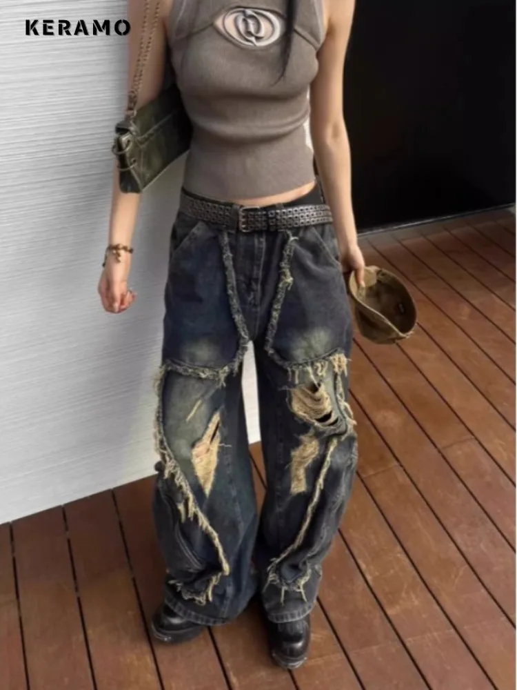 

Y2K Baggy Ripped Tassels Denim Trouser Female High Street Retro High Waist Trashy Jeans Women's Washed Vintage Casual Pants