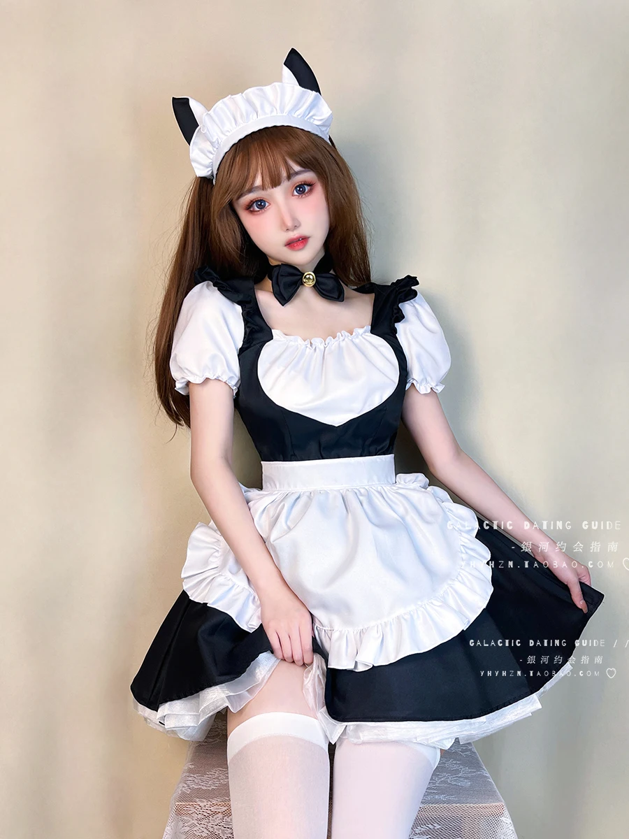 L-5XL 대형 로리타 복숭아 하트 메이드 Cos 섹시한 고양이 귀 일본 드레스 여름 달콤한 짧은 소매 스퀘어 넥 짧은 드레스